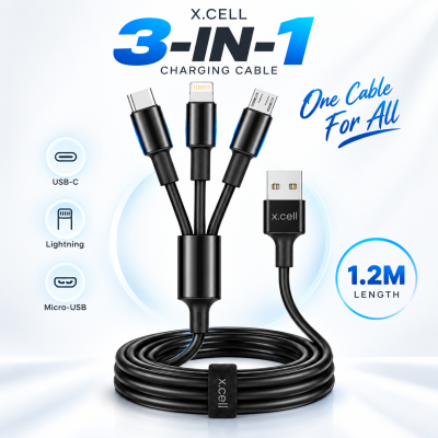 X.Cell High-Performance 3-in-1 Multi Charging Cable – 1.2M Charging Cord with USB-C, Lightning & Micro-USB Connectors for Universal Smartphones